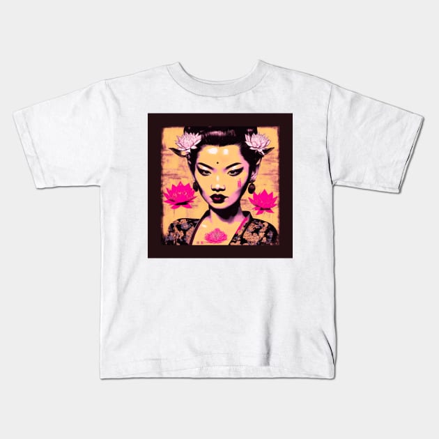 [AI Art] Nonexistent Asian woman with lotus flowers in the spirit of the works of Herman Brood Kids T-Shirt by Sissely